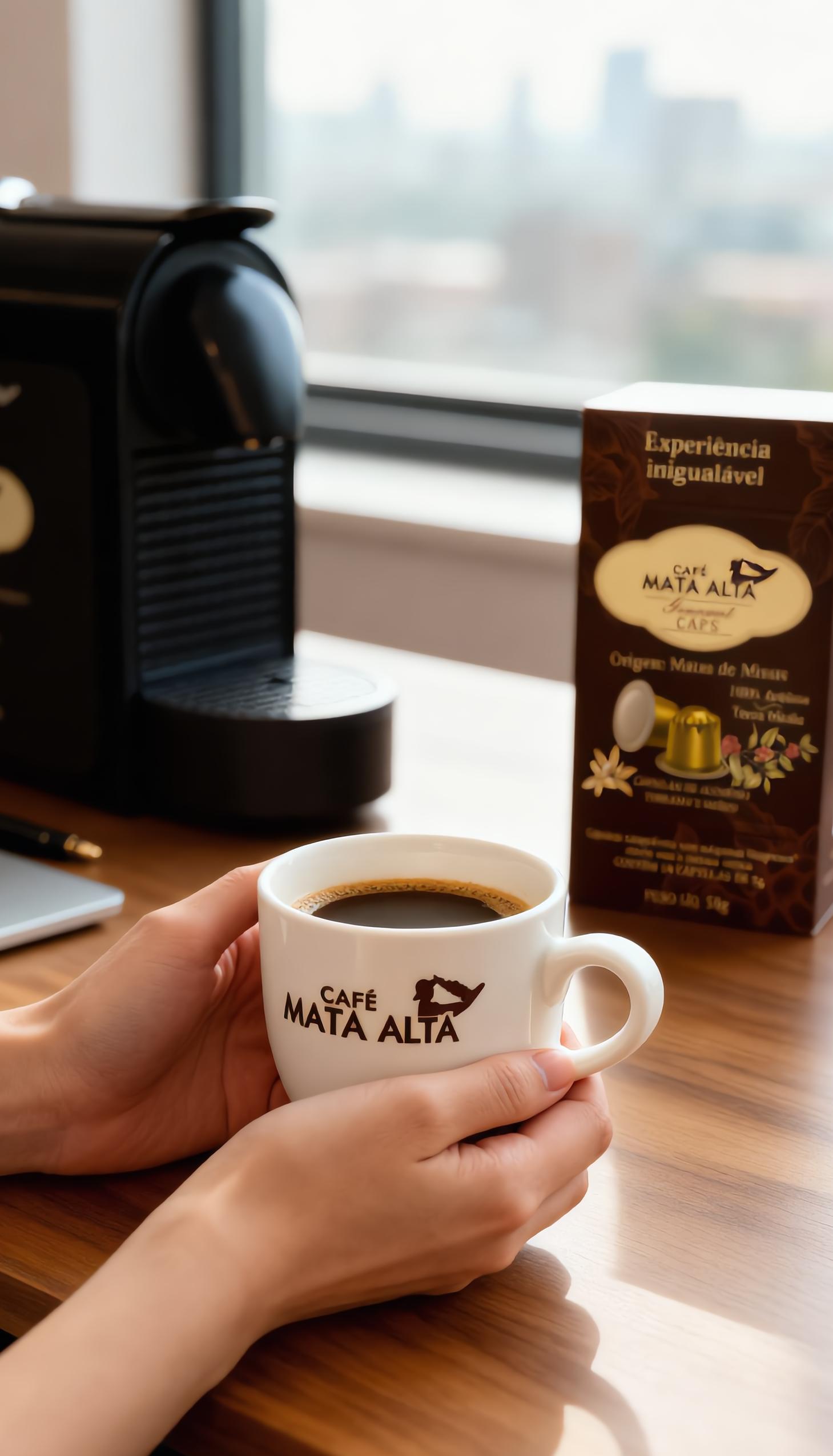 Xícara Café Mata Alta e cápsulas no escritório